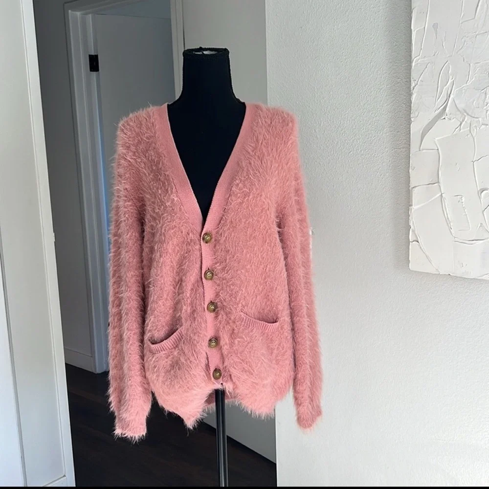 Urban Outfitters Pink Eyelash Shaggy Cardigan Sweater - Picture 1 of 8